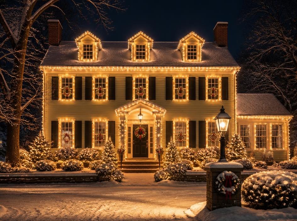 Colonial home outlined with warm white holiday lights