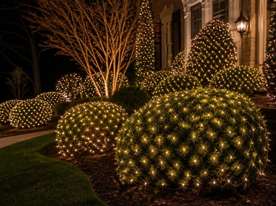 Bushes and trees wrapped in warm net-style holiday lights