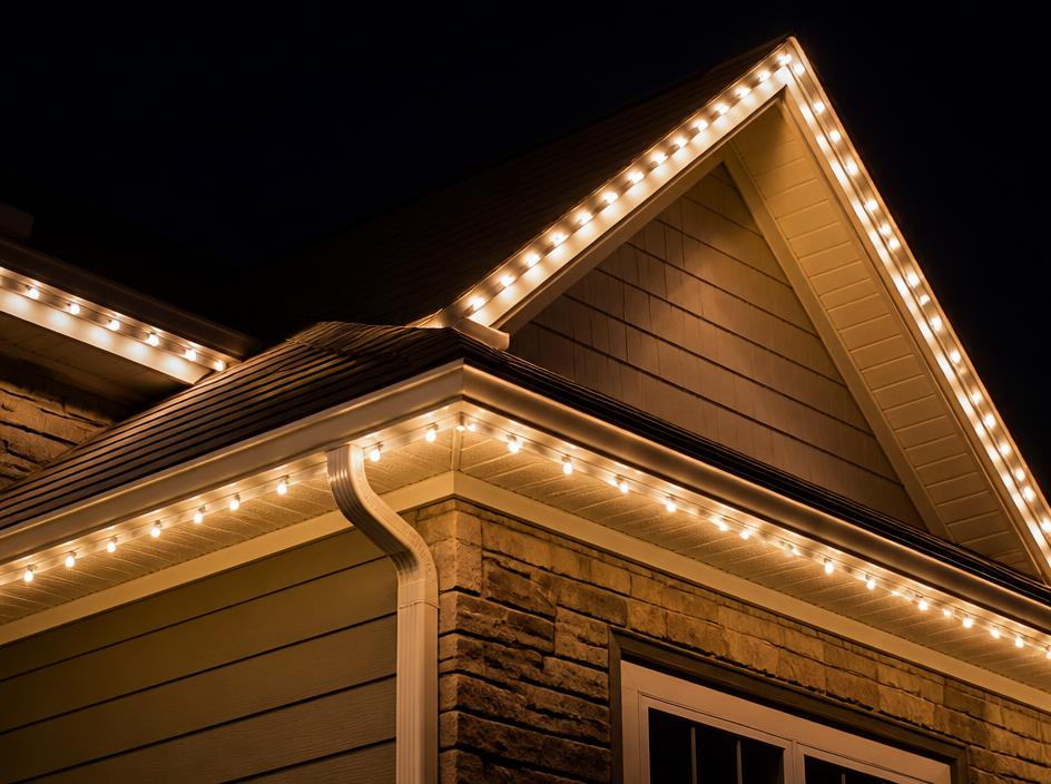 Home decorated with custom-cut commercial-grade holiday lights